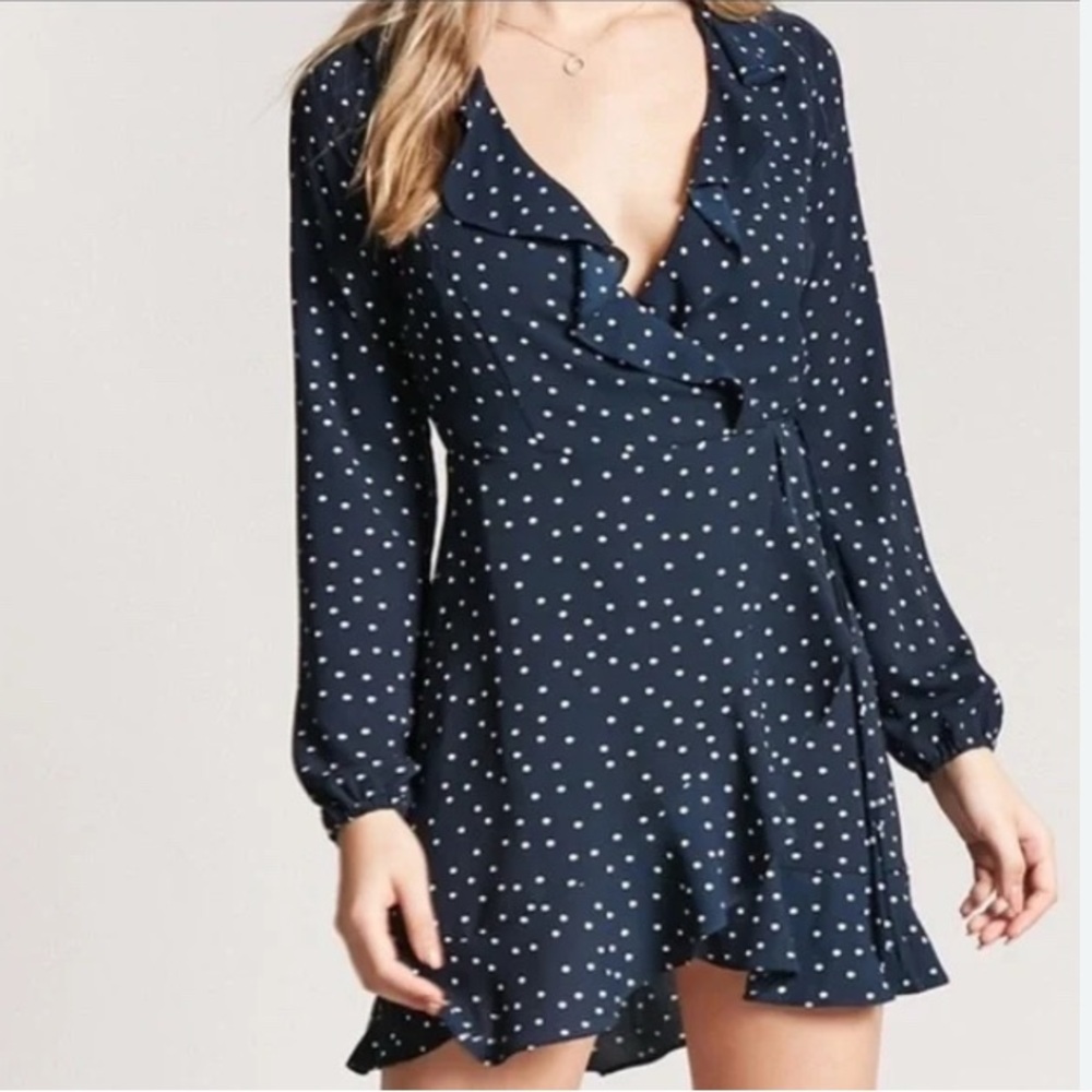 Forever 21 Navy Blue White Long Sleeve Wrap Polka Dot Ruffle Dress